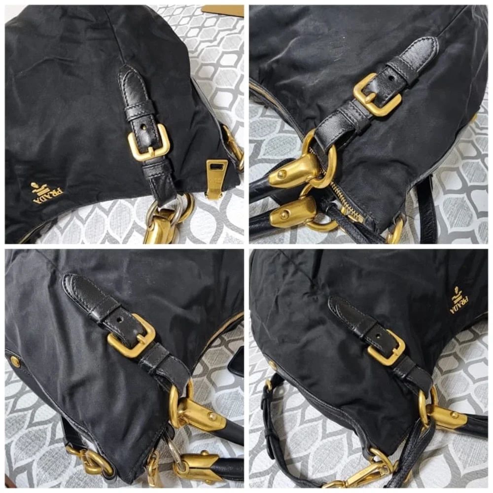 Authentic Prada Nylon Top Handle Jacquard Satchel Bag Black